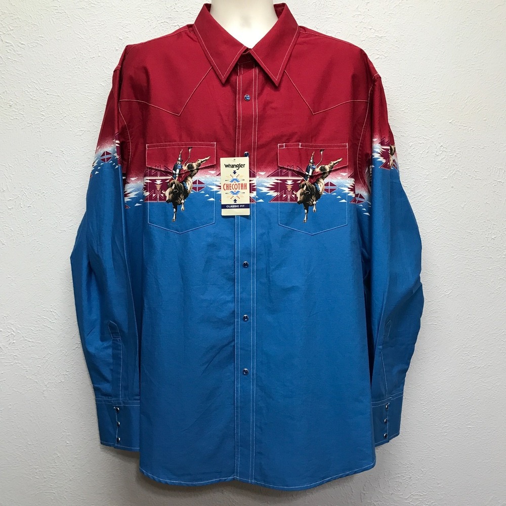 Wrangler Checotah Shirt XXL Mens NWT Red Blue Snap Western Cowboy Bull Rider